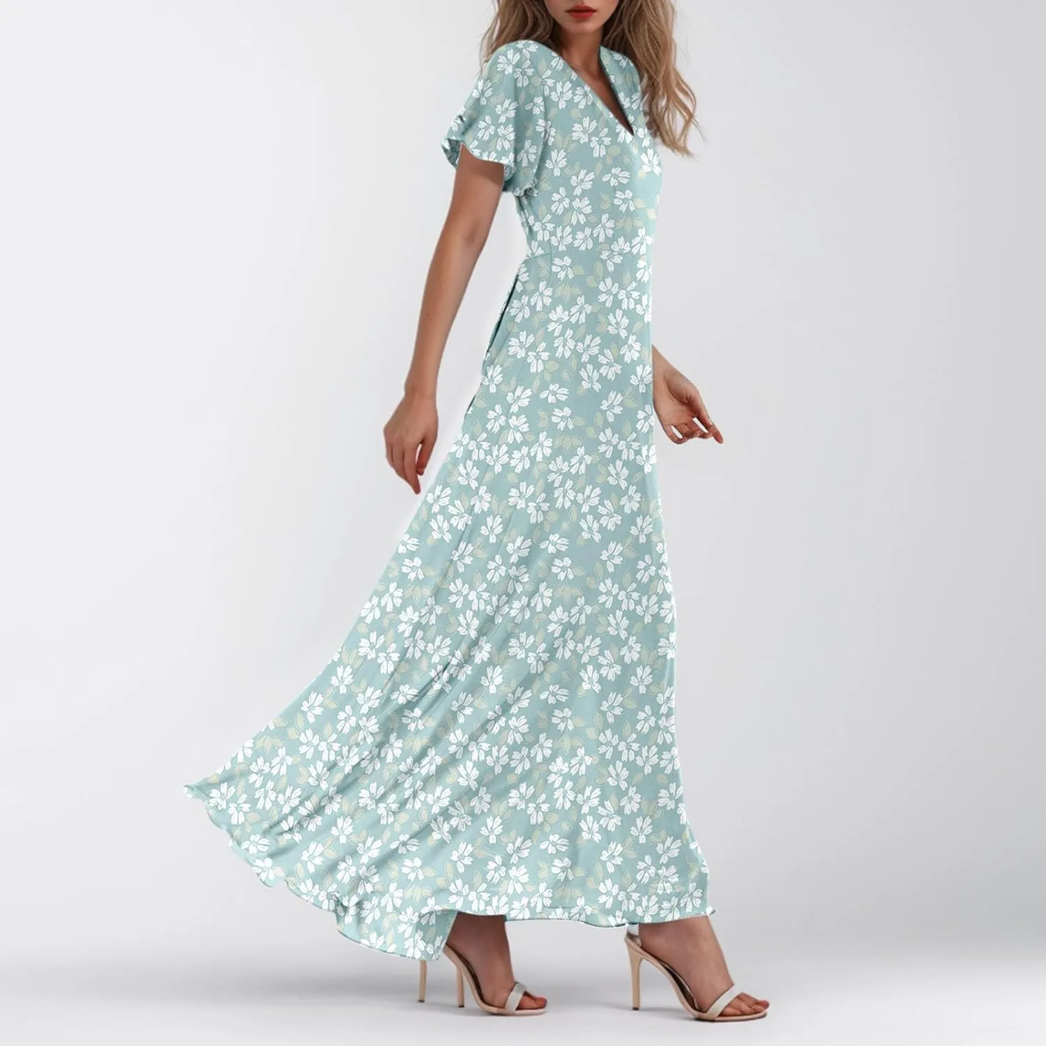 Wedding Guest Dresses for Women,Flowy Spring Summer Dresses for Women 2025 Trendy Floral Maxi Dress Short Sleeve