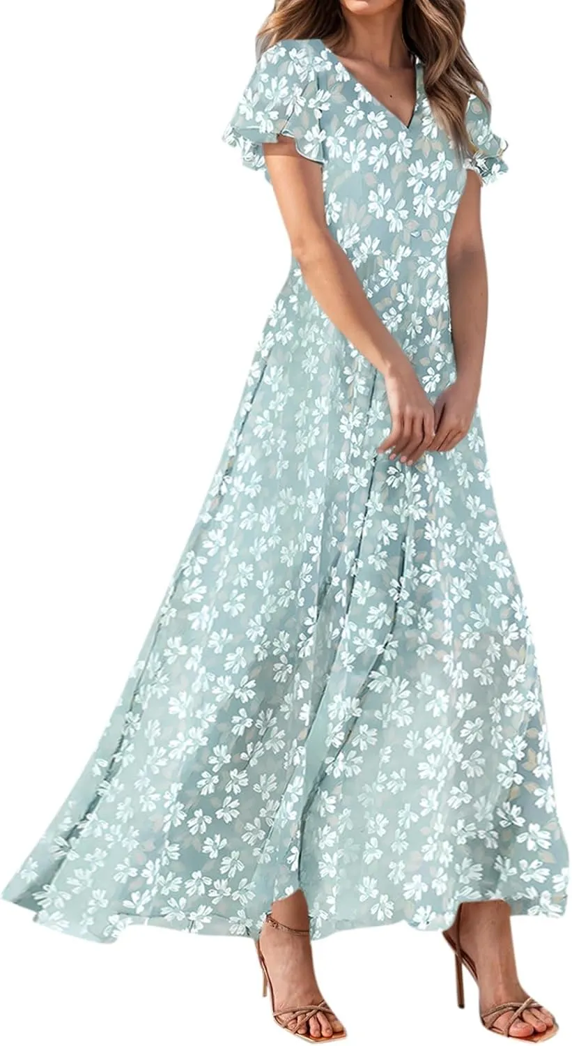 Wedding Guest Dresses for Women,Flowy Spring Summer Dresses for Women 2025 Trendy Floral Maxi Dress Short Sleeve