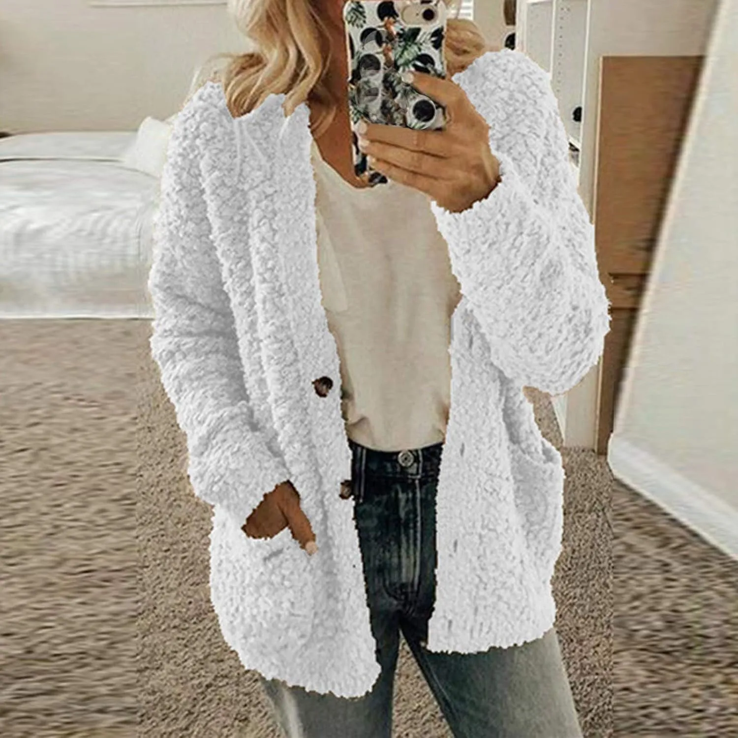 Winter Jackets for Women 2024 Fuzzy Fleece Warm Open Front Cardigans Jacket Casual Button Down Long Sleeve Lightweight Coats