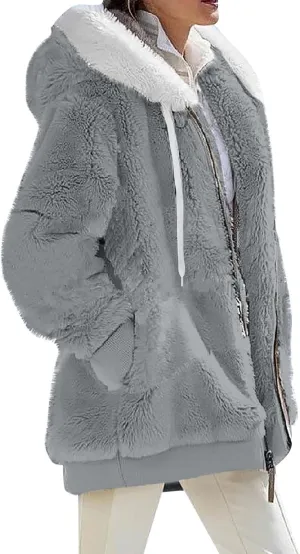 Winter Jackets for Women Full Zip Up Fuzzy Fleece Jacket Hooded Color Block Patchwork Cardigan Coats with Pockets