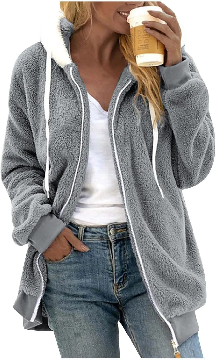 Winter Jackets for Women Full Zip Up Fuzzy Fleece Jacket Hooded Color Block Patchwork Cardigan Coats with Pockets