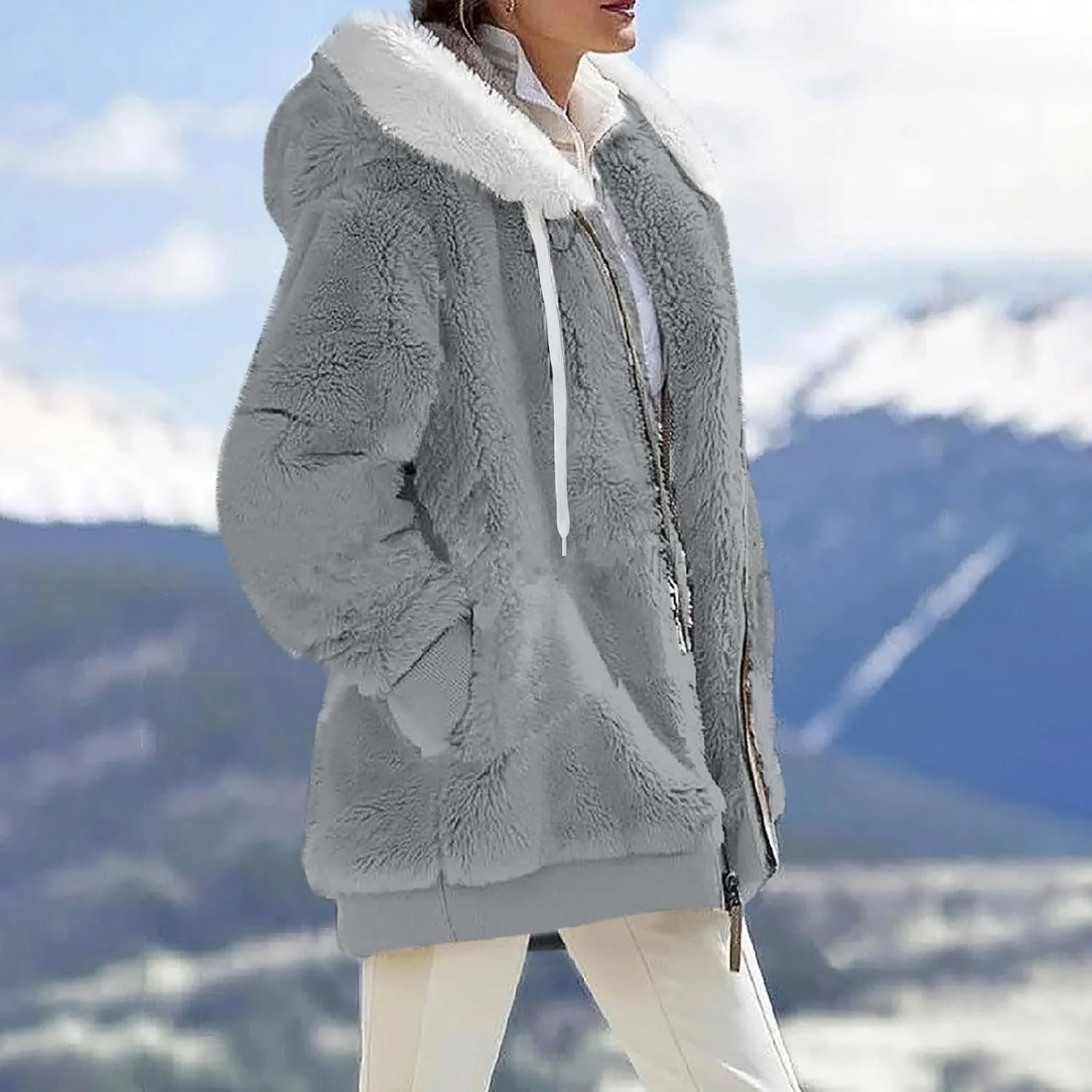 Winter Jackets for Women Full Zip Up Fuzzy Fleece Jacket Hooded Color Block Patchwork Cardigan Coats with Pockets