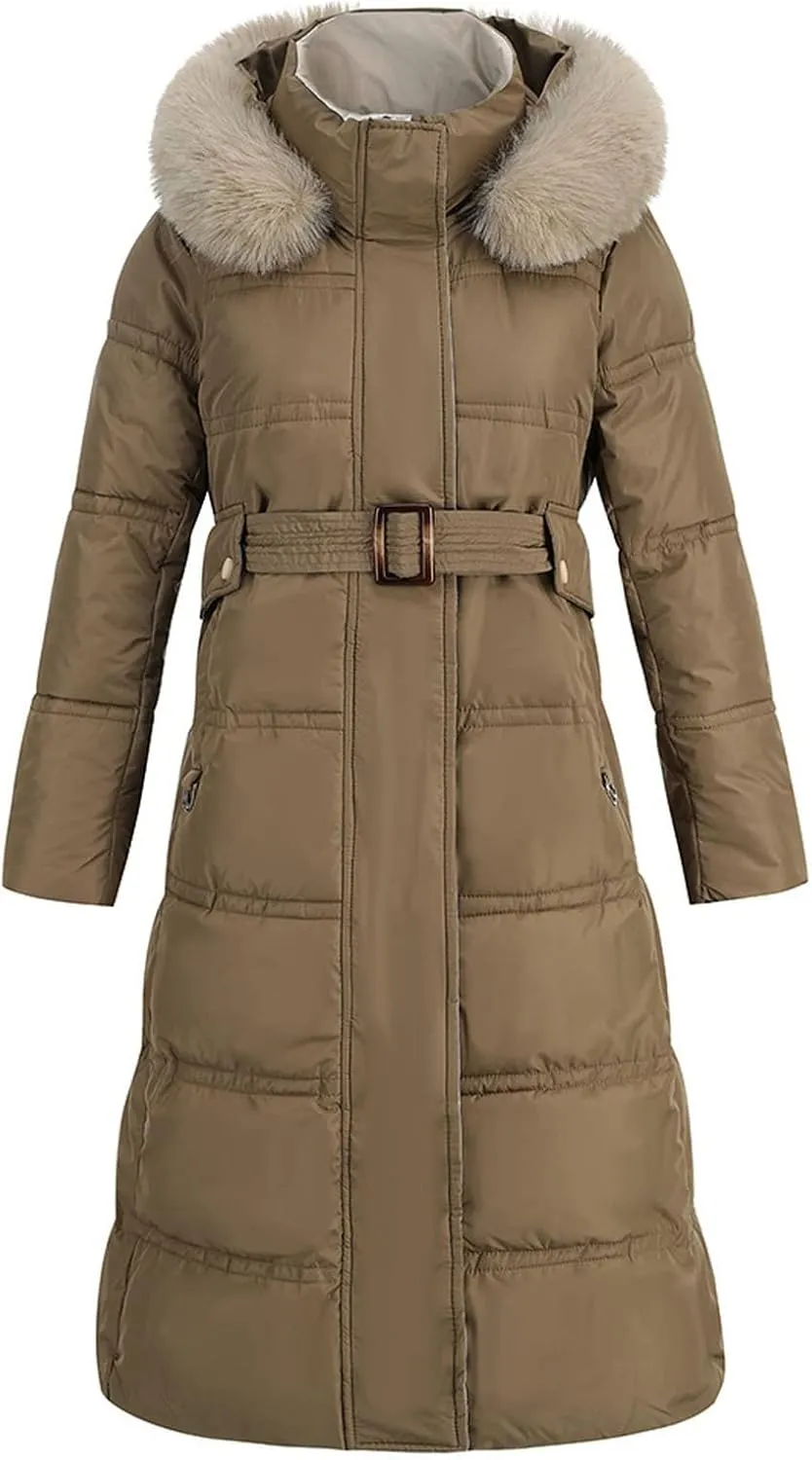 Winter Puffer Coats for Women with Plush Hood & Belt Tie Long Quilted Jacket Full Zip Casual Thermal Padded Down Coats
