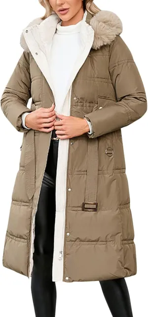 Winter Puffer Coats for Women with Plush Hood & Belt Tie Long Quilted Jacket Full Zip Casual Thermal Padded Down Coats