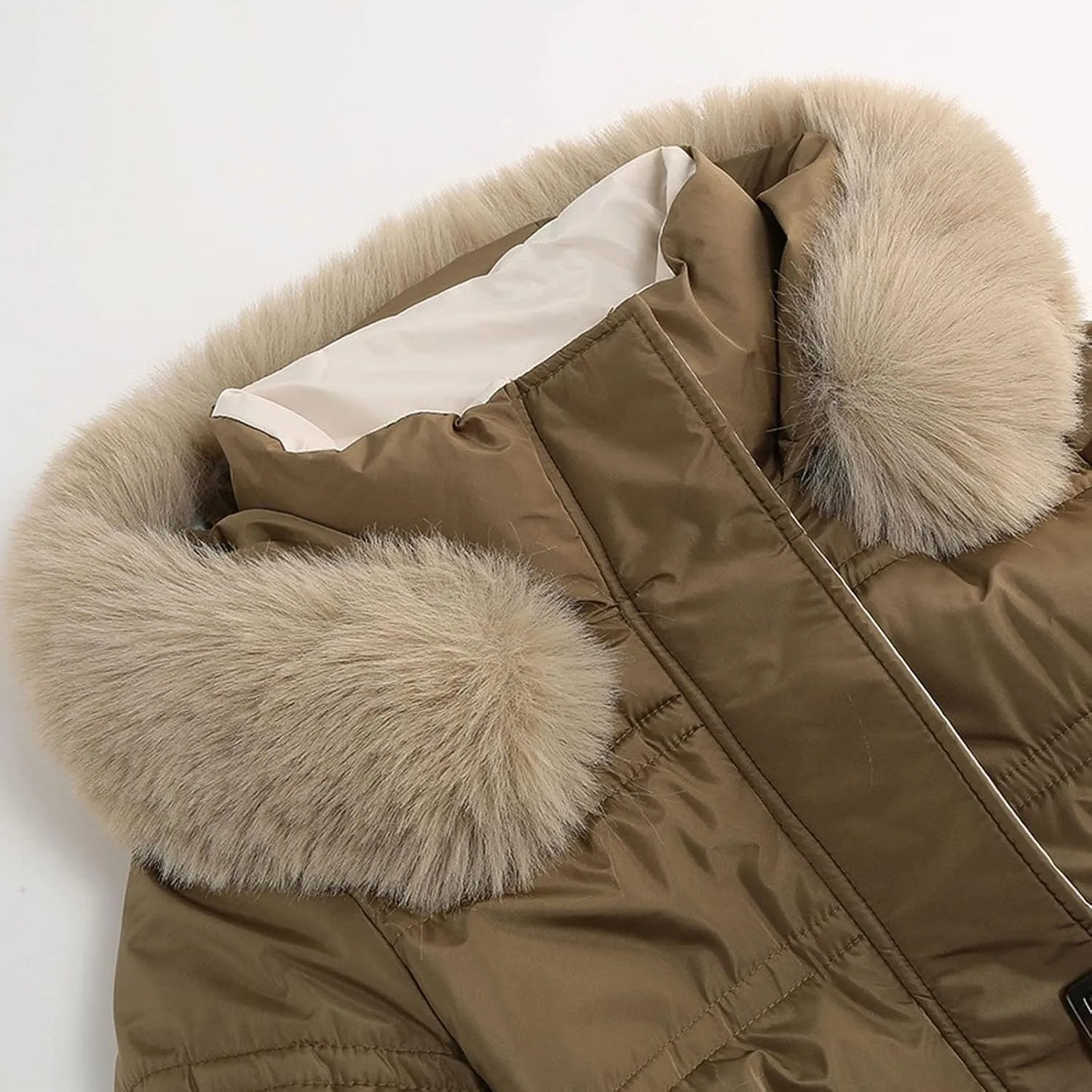 Winter Puffer Coats for Women with Plush Hood & Belt Tie Long Quilted Jacket Full Zip Casual Thermal Padded Down Coats