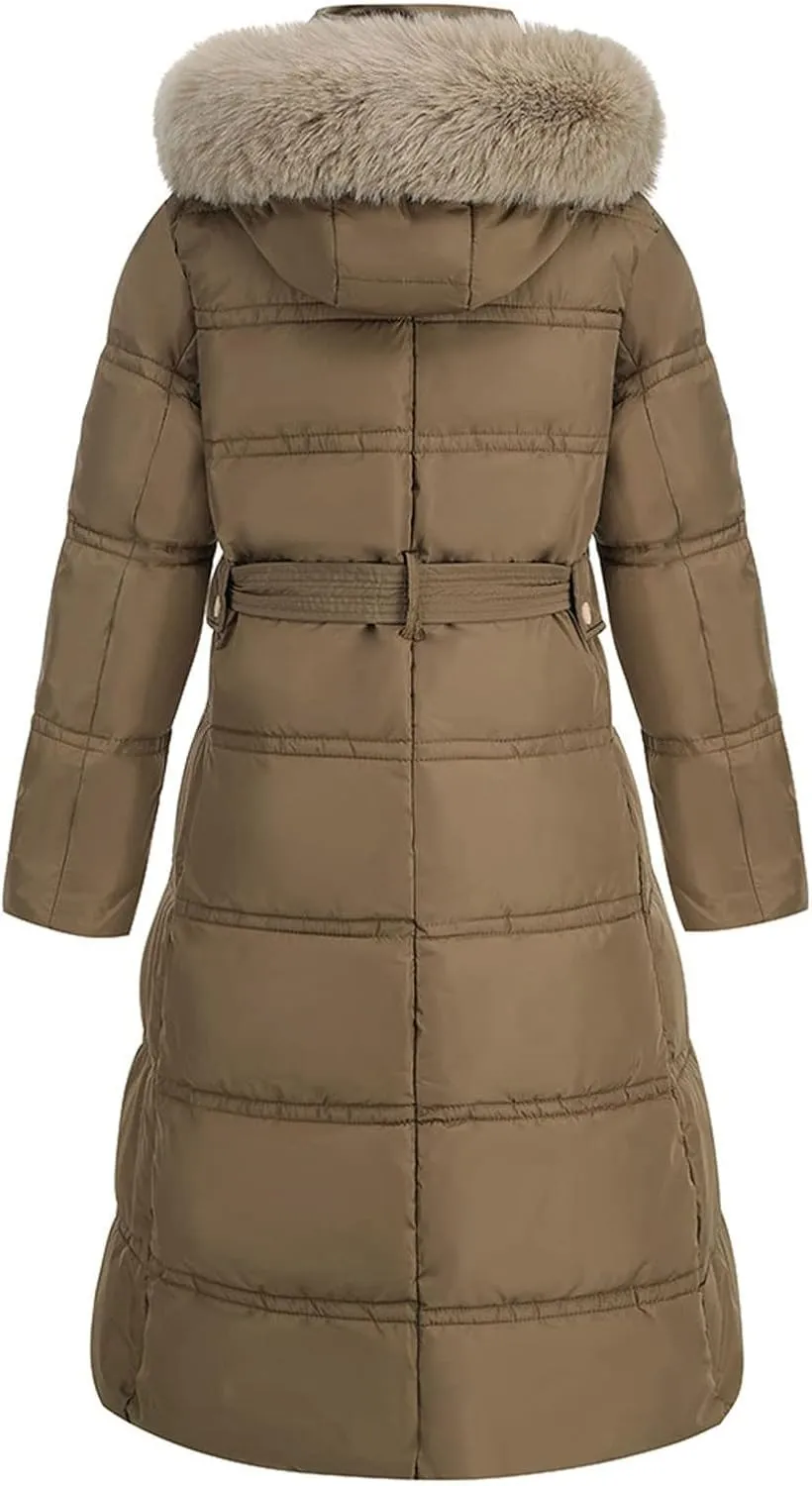Winter Puffer Coats for Women with Plush Hood & Belt Tie Long Quilted Jacket Full Zip Casual Thermal Padded Down Coats