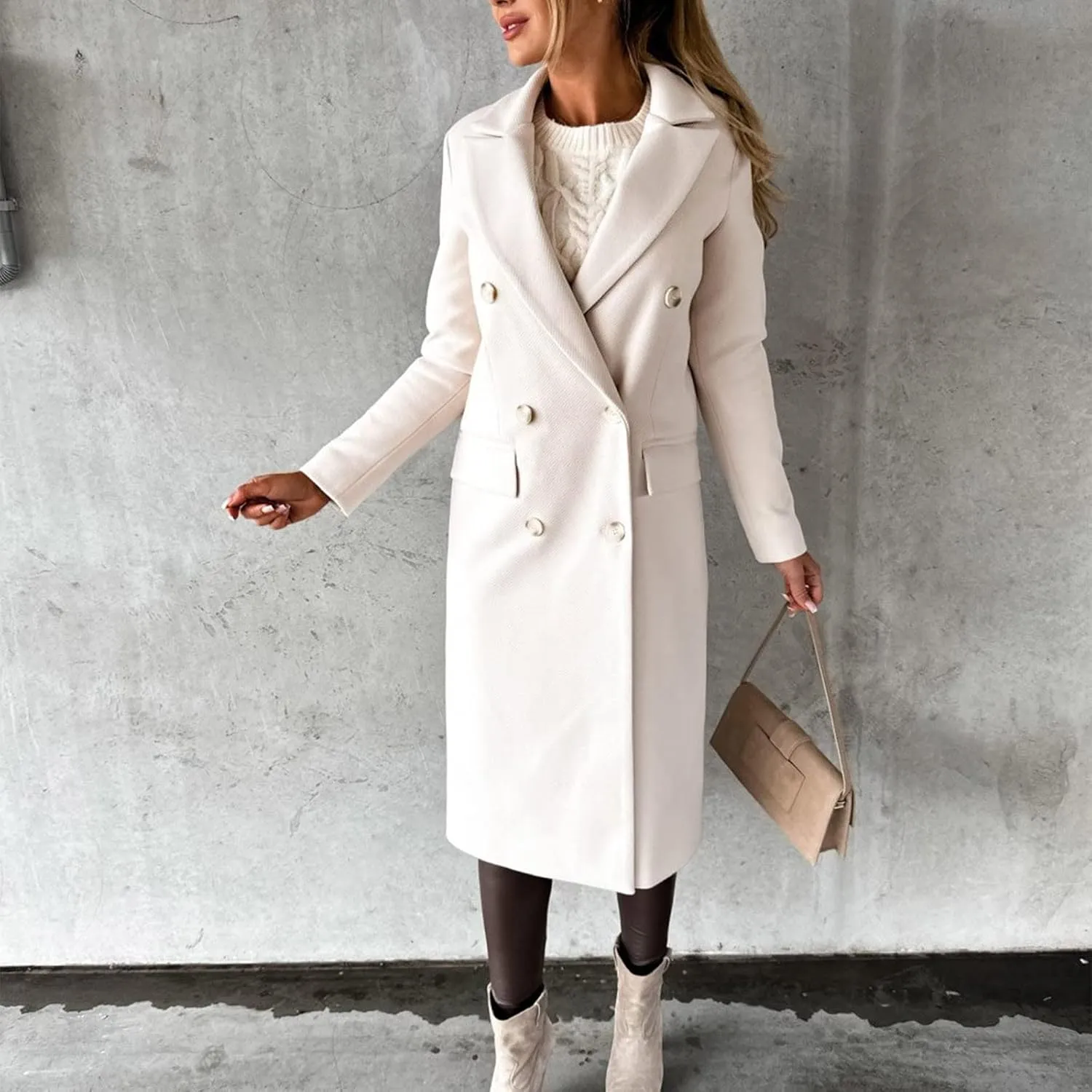 Winter Wool Coats for Women Warm Double Breasted Trench Coat Casual Notch Lapel Collared Pea Coat Jackets with Pockets