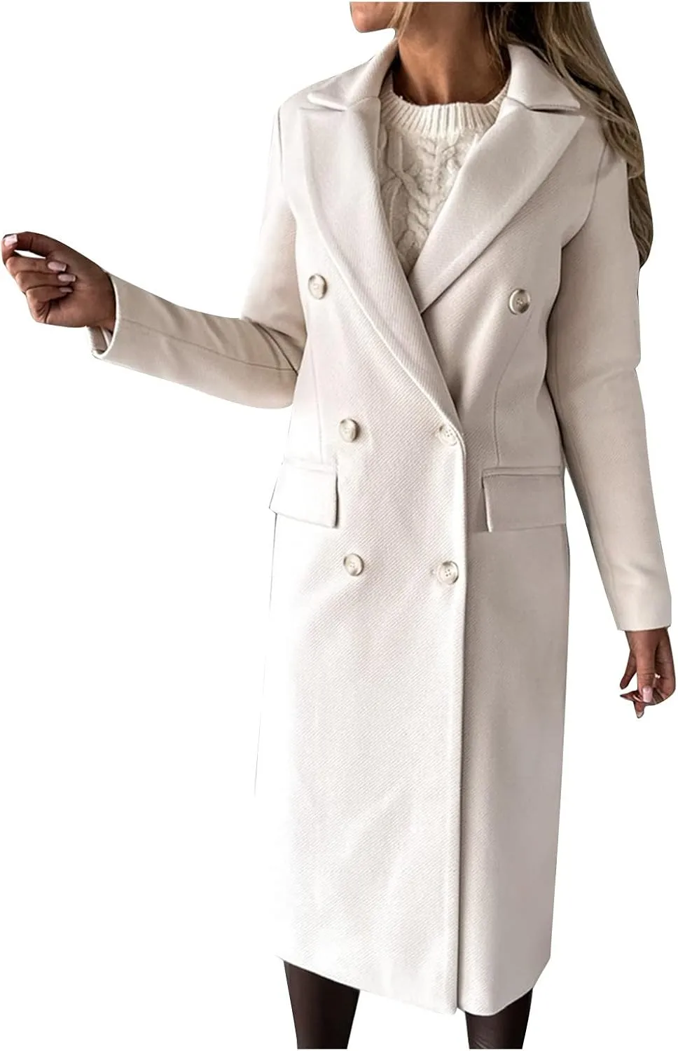 Winter Wool Coats for Women Warm Double Breasted Trench Coat Casual Notch Lapel Collared Pea Coat Jackets with Pockets