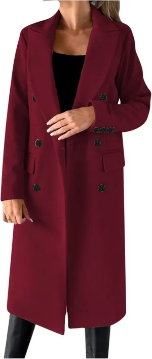 Winter Wool Coats for Women Warm Double Breasted Trench Coat Casual Notch Lapel Collared Pea Coat Jackets with Pockets