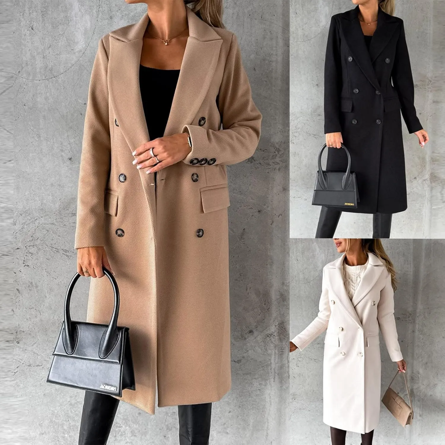 Winter Wool Coats for Women Warm Double Breasted Trench Coat Casual Notch Lapel Collared Pea Coat Jackets with Pockets