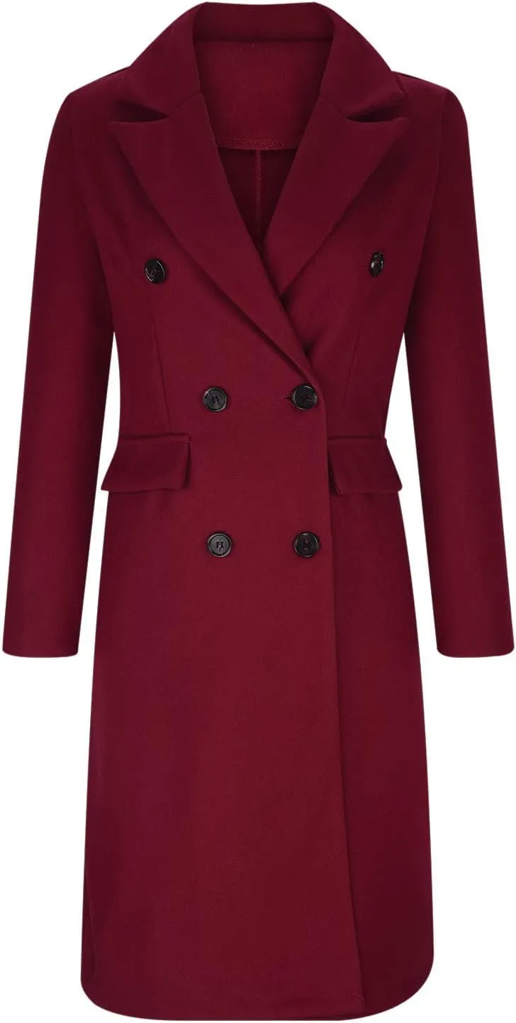 Winter Wool Coats for Women Warm Double Breasted Trench Coat Casual Notch Lapel Collared Pea Coat Jackets with Pockets