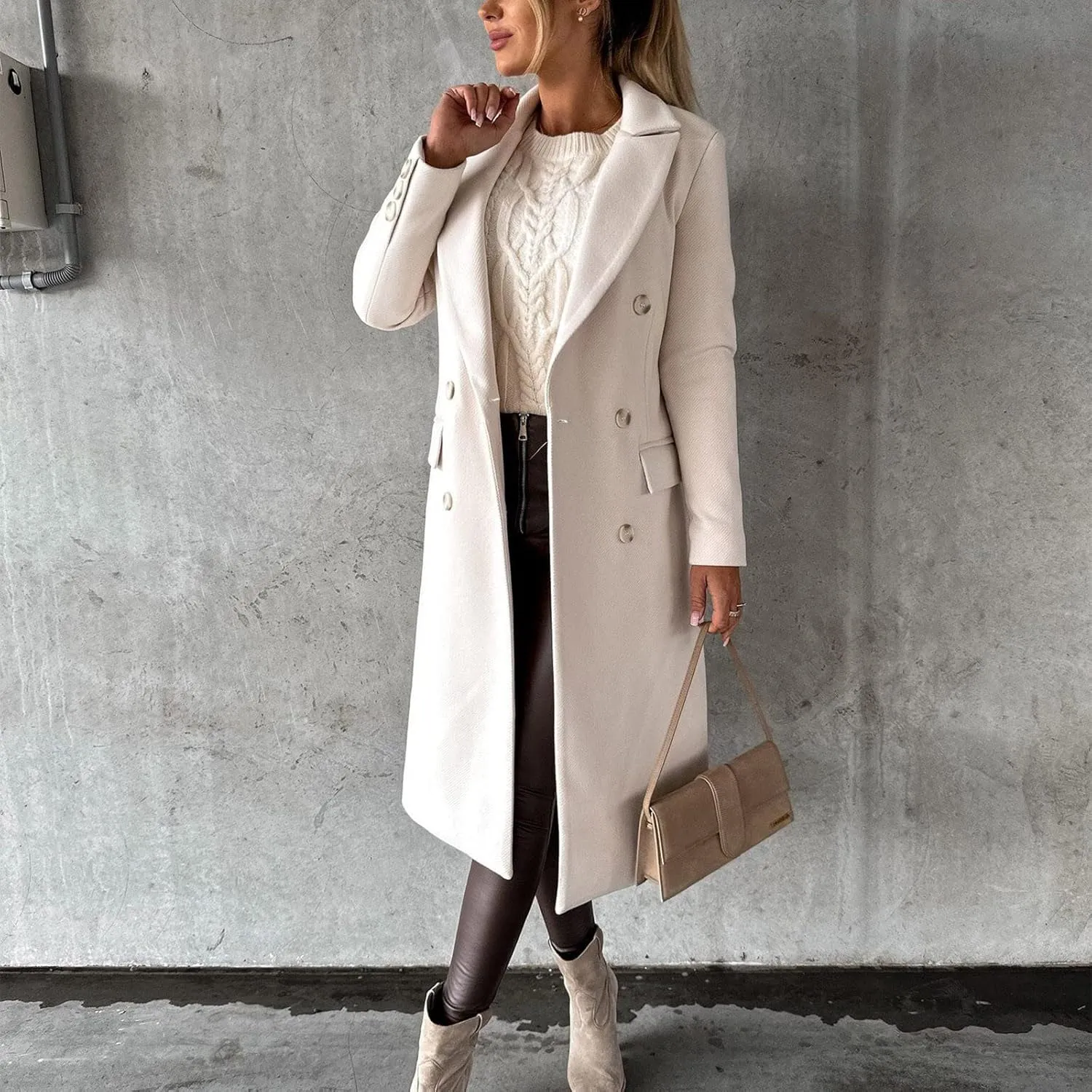 Winter Wool Coats for Women Warm Double Breasted Trench Coat Casual Notch Lapel Collared Pea Coat Jackets with Pockets