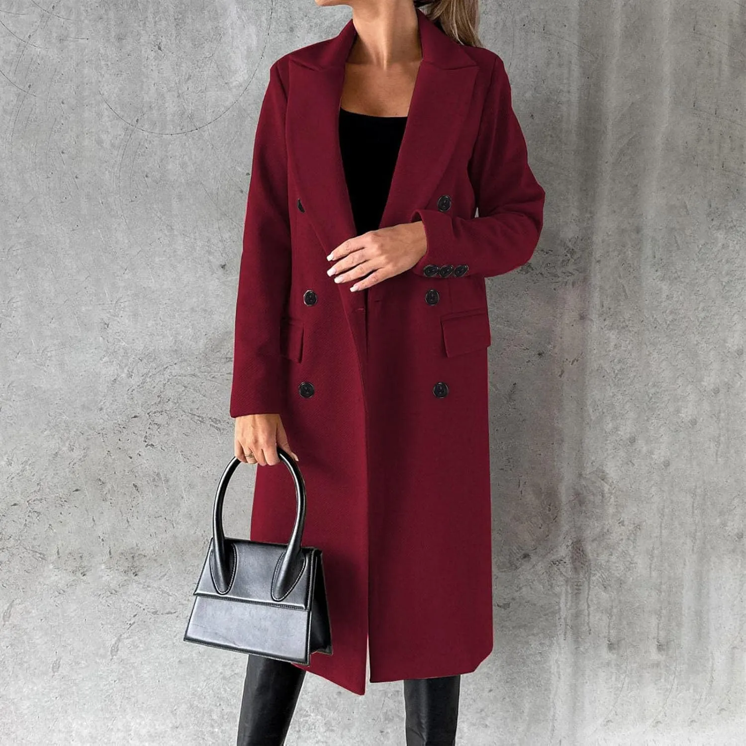 Winter Wool Coats for Women Warm Double Breasted Trench Coat Casual Notch Lapel Collared Pea Coat Jackets with Pockets