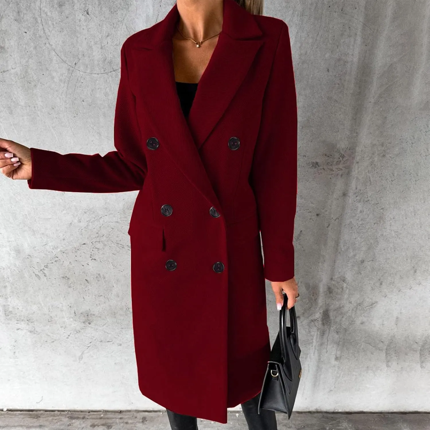 Winter Wool Coats for Women Warm Double Breasted Trench Coat Casual Notch Lapel Collared Pea Coat Jackets with Pockets