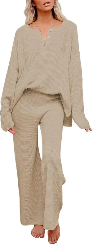 Women 2 Piece Outfits Sweatsuit V-Neck Long Sleeve Waffle Knit Sweater Wide Leg Pants Lounge Sets