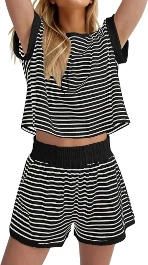 Women 2 Piece Outfits Two Piece Lounge Set Striped Short Sleeve Top and Shorts Casual Summer Loungewear Shorts Sets