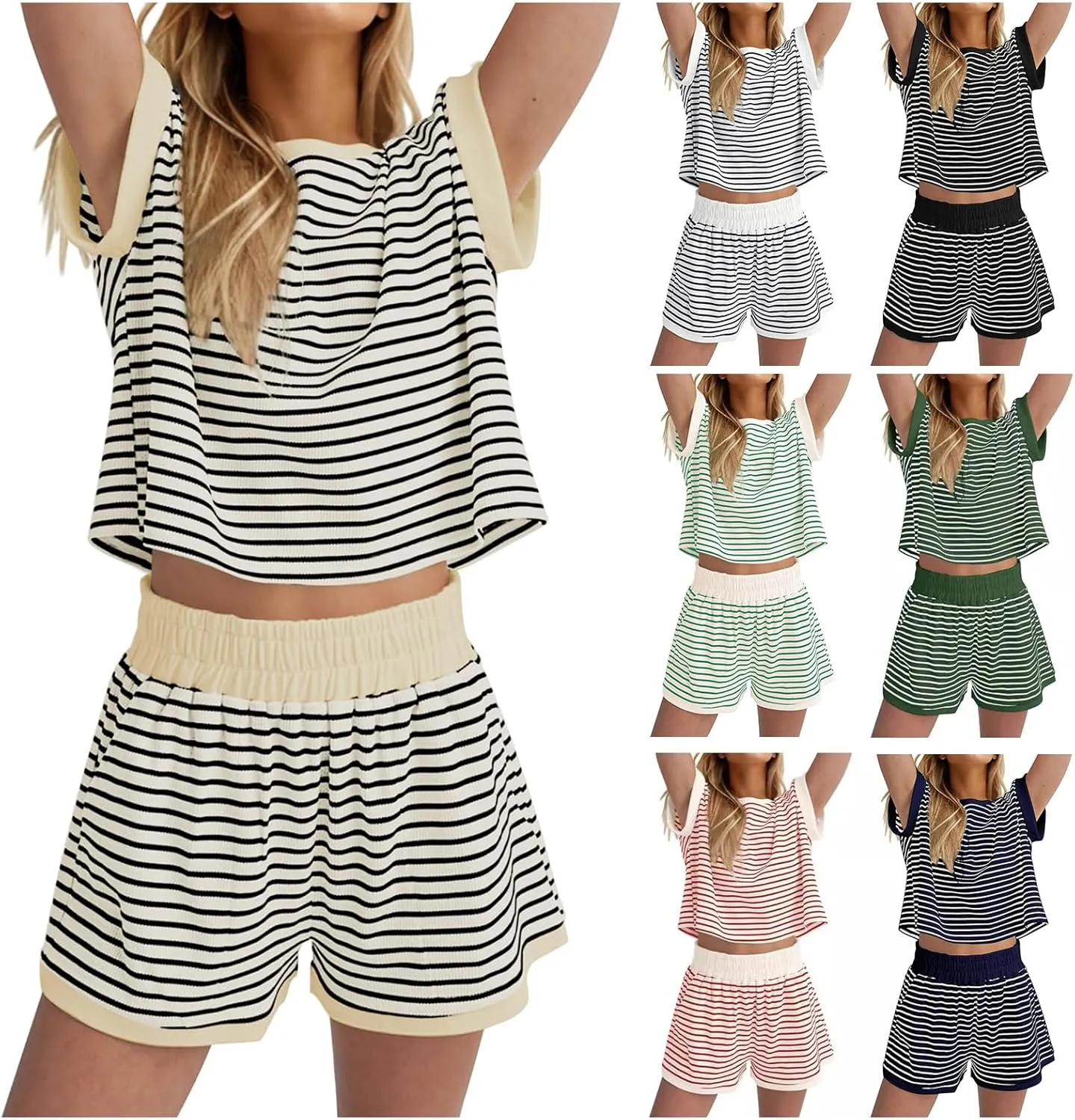 Women 2 Piece Outfits Two Piece Lounge Set Striped Short Sleeve Top and Shorts Casual Summer Loungewear Shorts Sets