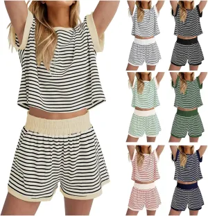 Women 2 Piece Outfits Two Piece Lounge Set Striped Short Sleeve Top and Shorts Casual Summer Loungewear Shorts Sets