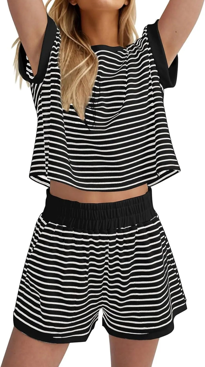 Women 2 Piece Outfits Two Piece Lounge Set Striped Short Sleeve Top and Shorts Casual Summer Loungewear Shorts Sets