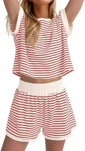 Women 2 Piece Outfits Two Piece Lounge Set Striped Short Sleeve Top and Shorts Casual Summer Loungewear Shorts Sets