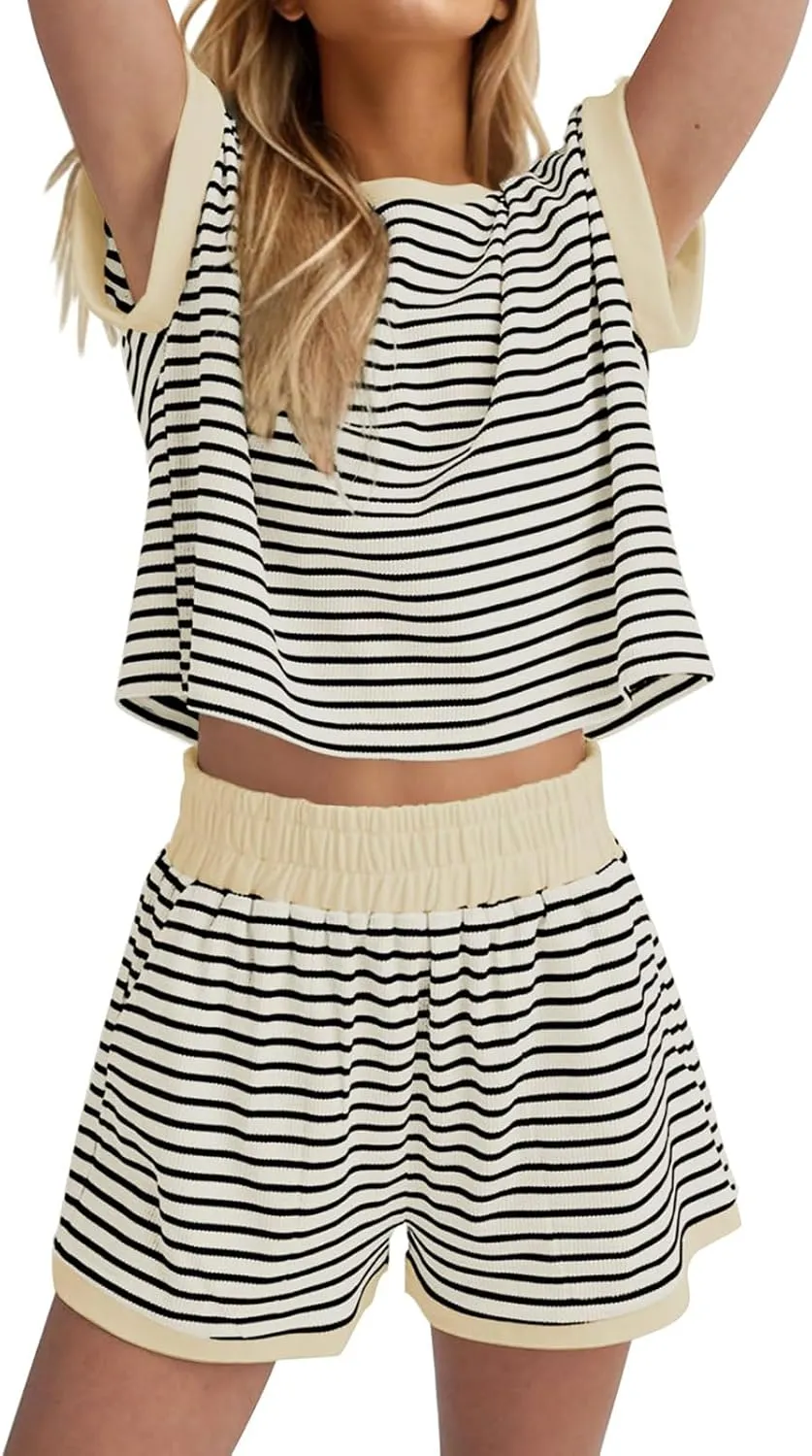 Women 2 Piece Outfits Two Piece Lounge Set Striped Short Sleeve Top and Shorts Casual Summer Loungewear Shorts Sets