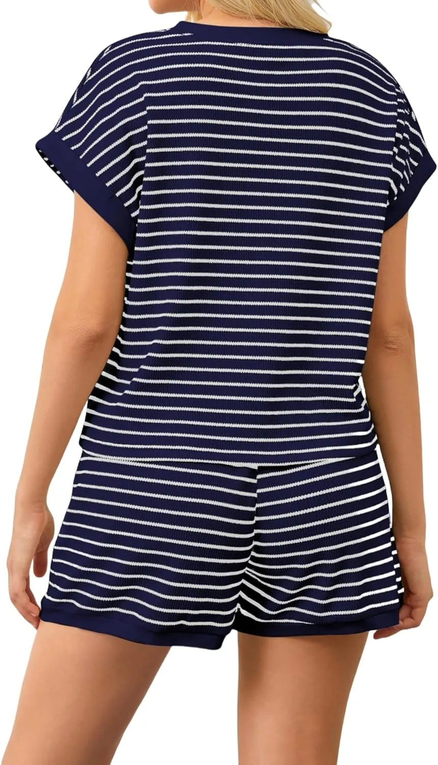 Women 2 Piece Outfits Two Piece Lounge Set Striped Short Sleeve Top and Shorts Casual Summer Loungewear Shorts Sets