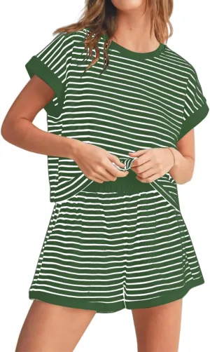 Women 2 Piece Outfits Two Piece Lounge Set Striped Short Sleeve Top and Shorts Casual Summer Loungewear Shorts Sets