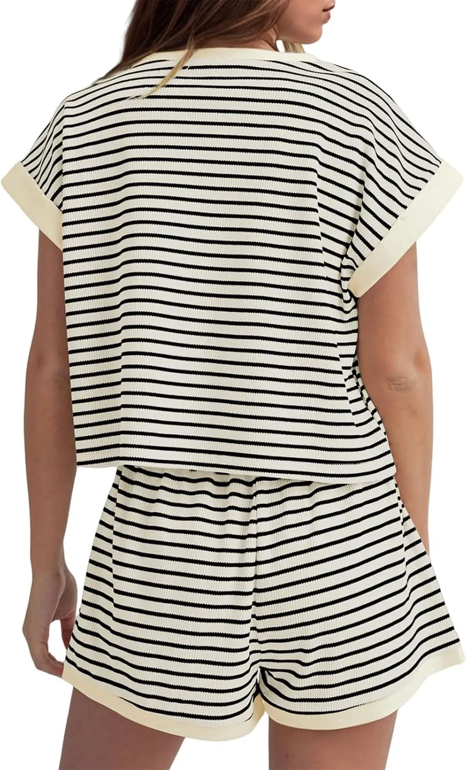 Women 2 Piece Outfits Two Piece Lounge Set Striped Short Sleeve Top and Shorts Casual Summer Loungewear Shorts Sets