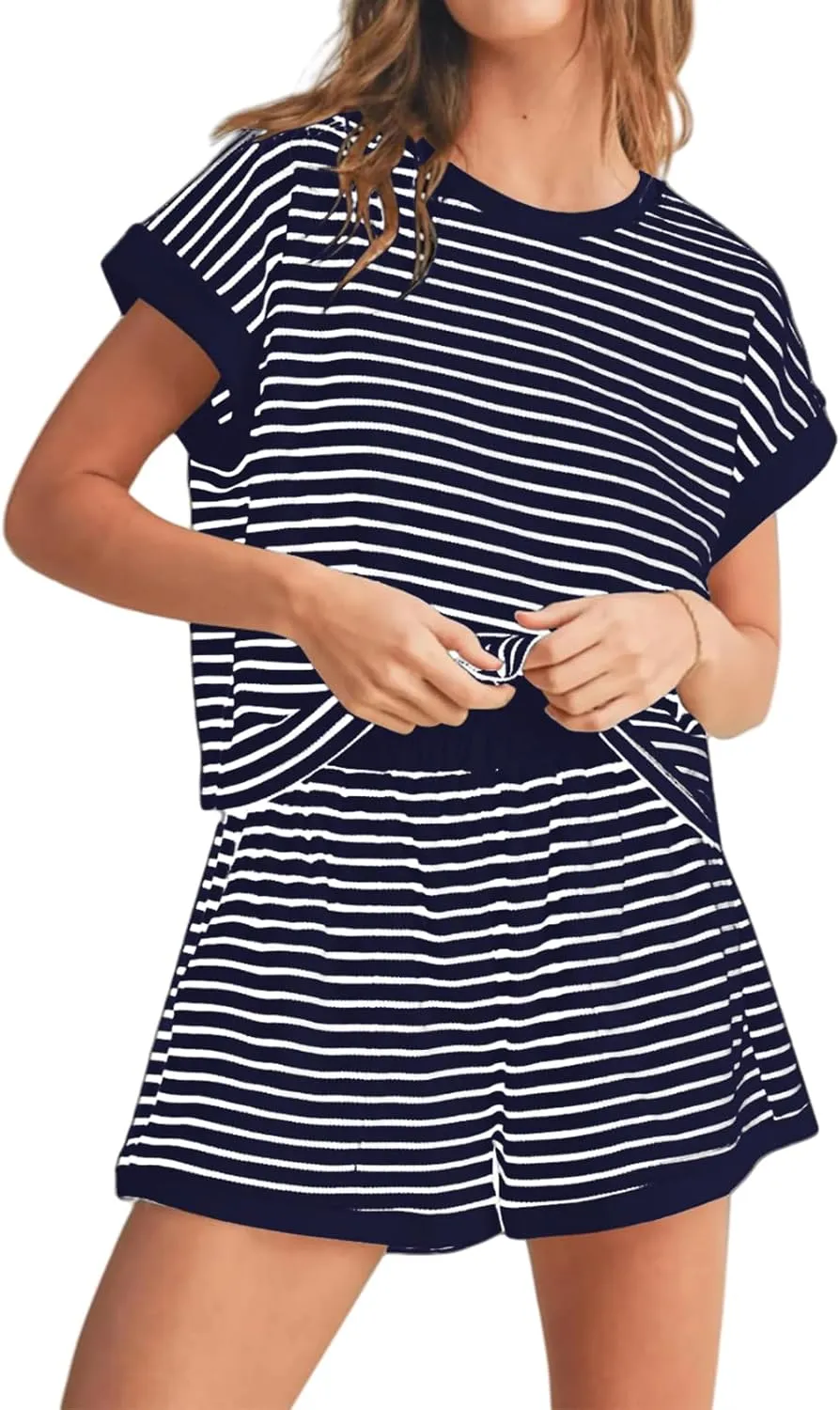 Women 2 Piece Outfits Two Piece Lounge Set Striped Short Sleeve Top and Shorts Casual Summer Loungewear Shorts Sets