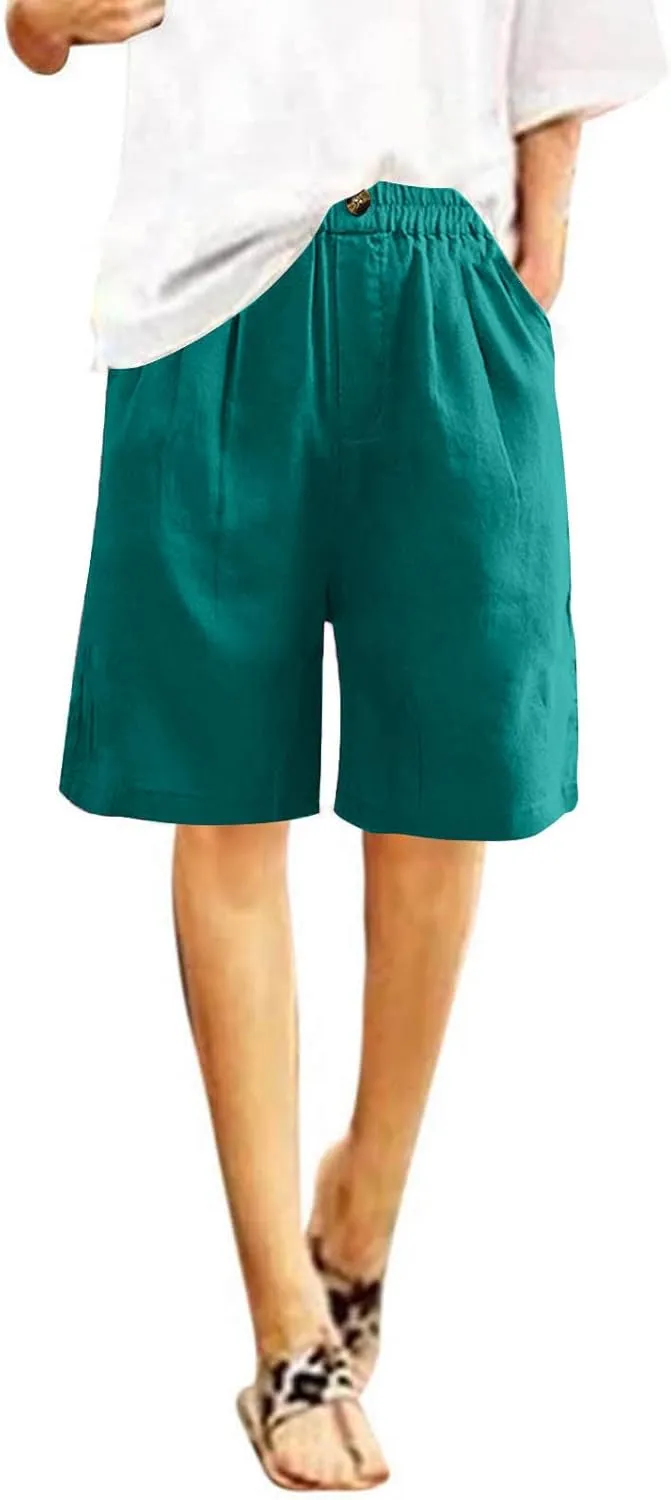 Women Bermuda Shorts Wide Leg Linen Knee Length Shorts Summer Casual Loose High Waisted Short Pants with Pockets