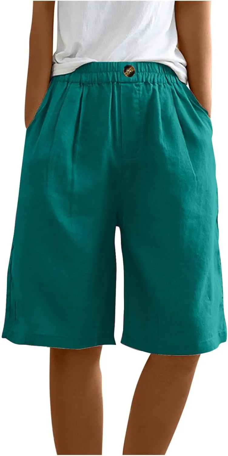 Women Bermuda Shorts Wide Leg Linen Knee Length Shorts Summer Casual Loose High Waisted Short Pants with Pockets