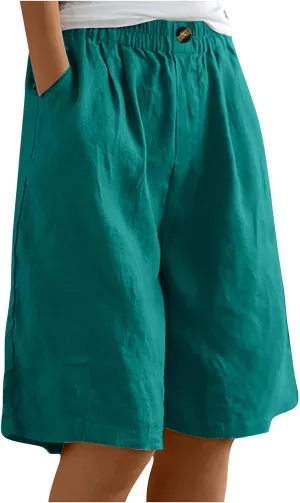 Women Bermuda Shorts Wide Leg Linen Knee Length Shorts Summer Casual Loose High Waisted Short Pants with Pockets