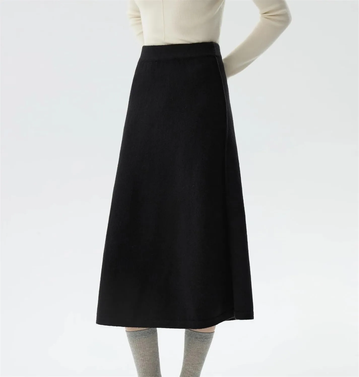 Women Black A-Line Knitted Midi Long Skirt Casual Stretchy High Waist Flared A Line Swing Long Skirt
