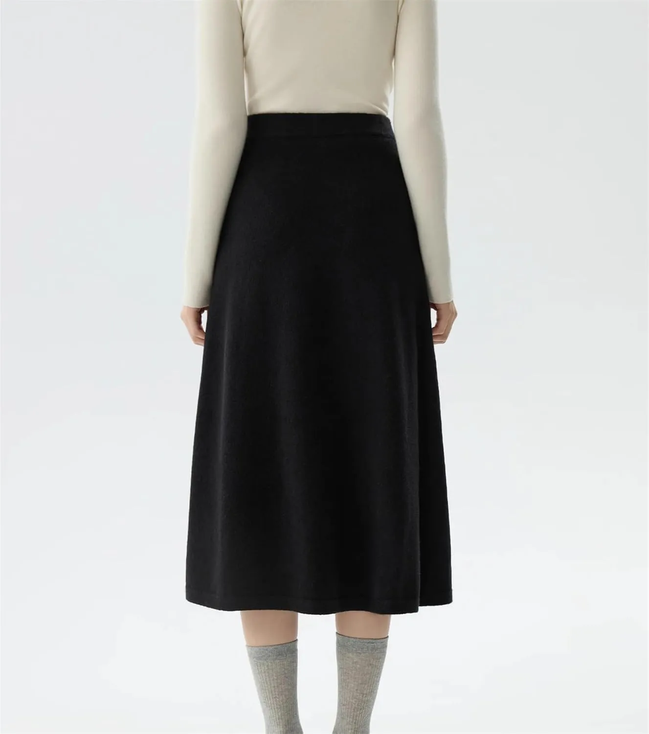 Women Black A-Line Knitted Midi Long Skirt Casual Stretchy High Waist Flared A Line Swing Long Skirt