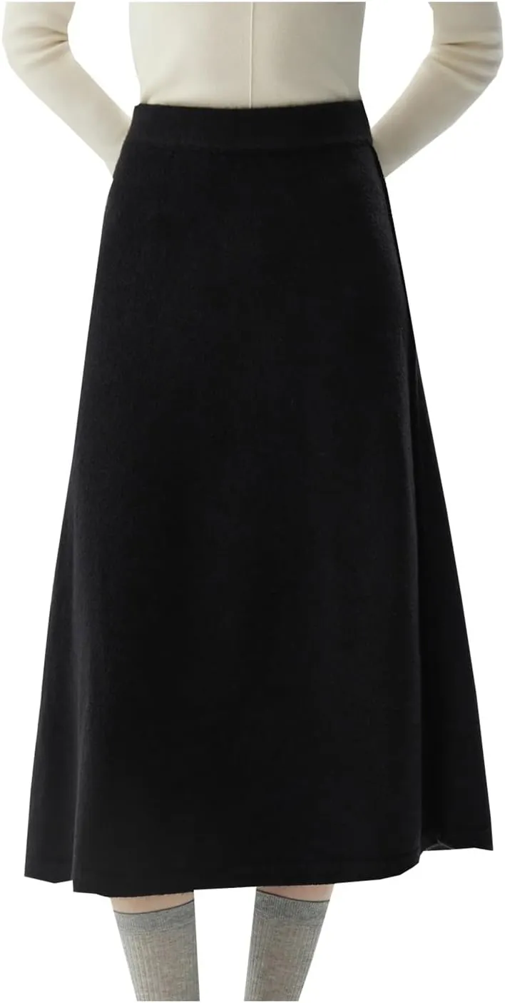Women Black A-Line Knitted Midi Long Skirt Casual Stretchy High Waist Flared A Line Swing Long Skirt