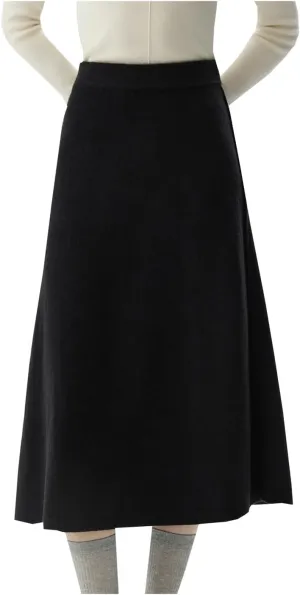Women Black A-Line Knitted Midi Long Skirt Casual Stretchy High Waist Flared A Line Swing Long Skirt