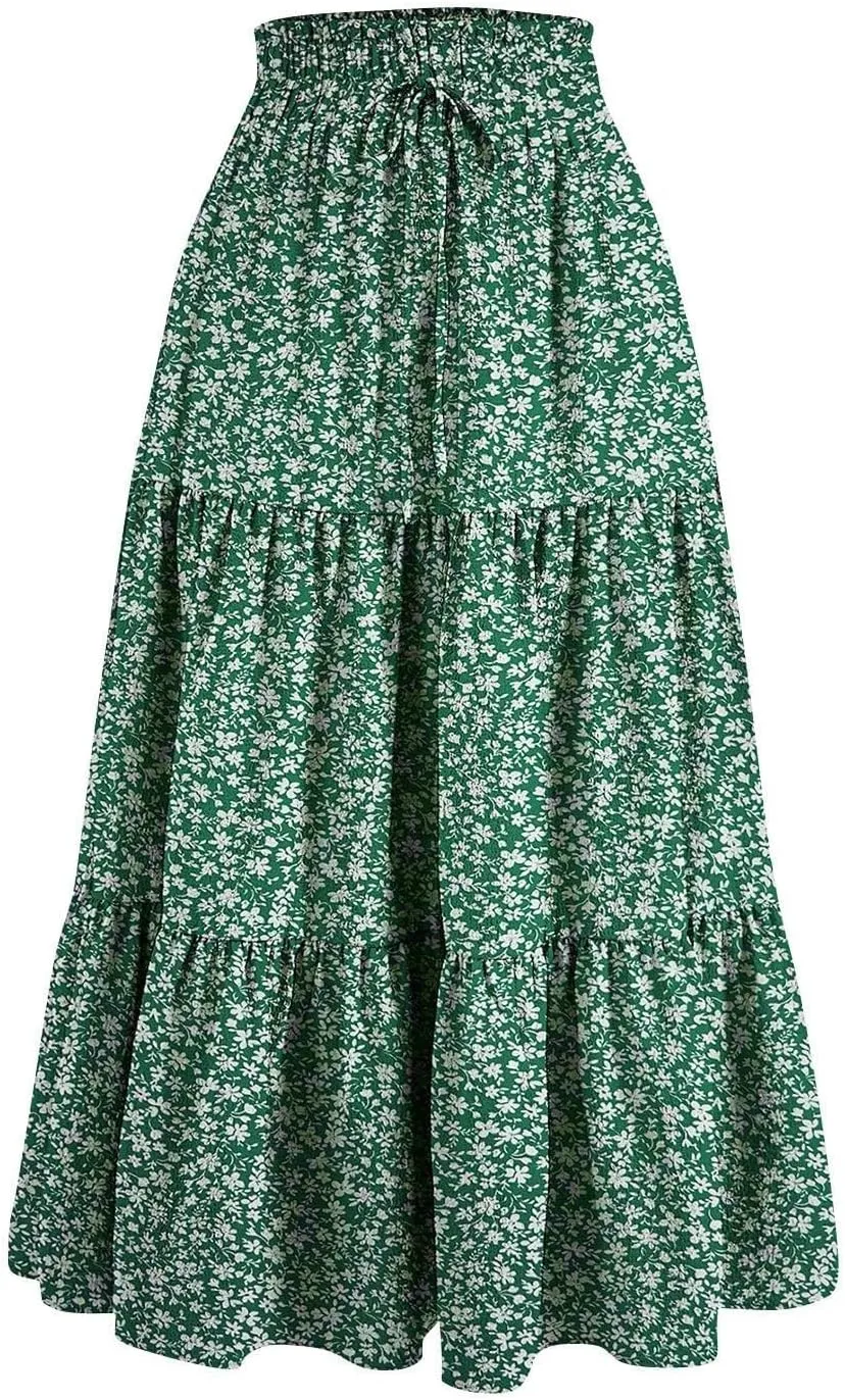 Women Boho Floral Maxi Skirt Elastic High Waist Tiered Pleated Flowy Long Summer Casual Beach Skirt