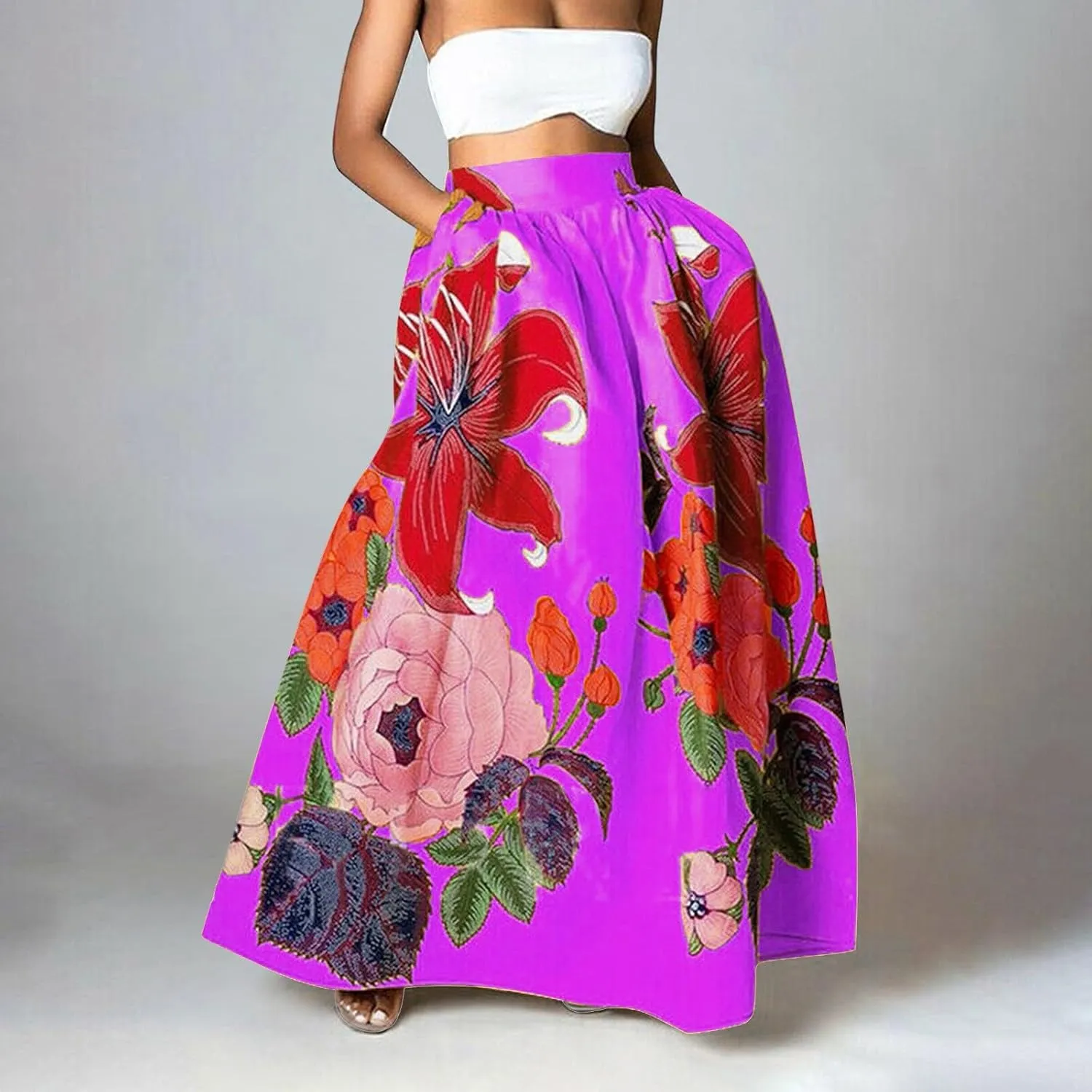 Women Casual 2025 Maxi Skirt Floral Flowy Bohemian Vintage A Line Trendy Dress Spring Beach Skirts with Pockets
