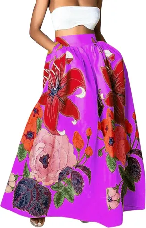 Women Casual 2025 Maxi Skirt Floral Flowy Bohemian Vintage A Line Trendy Dress Spring Beach Skirts with Pockets