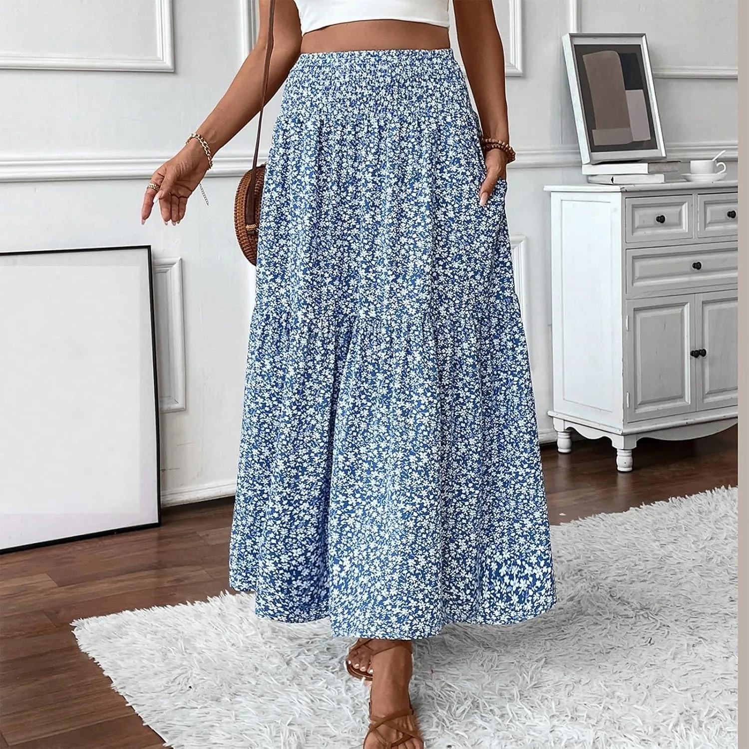 Women Casual Floral Print Boho Maxi Skirt Elastic High Waist Tiered Pleated Flowy Long Summer Beach