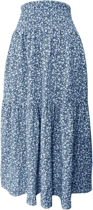 Women Casual Floral Print Boho Maxi Skirt Elastic High Waist Tiered Pleated Flowy Long Summer Beach
