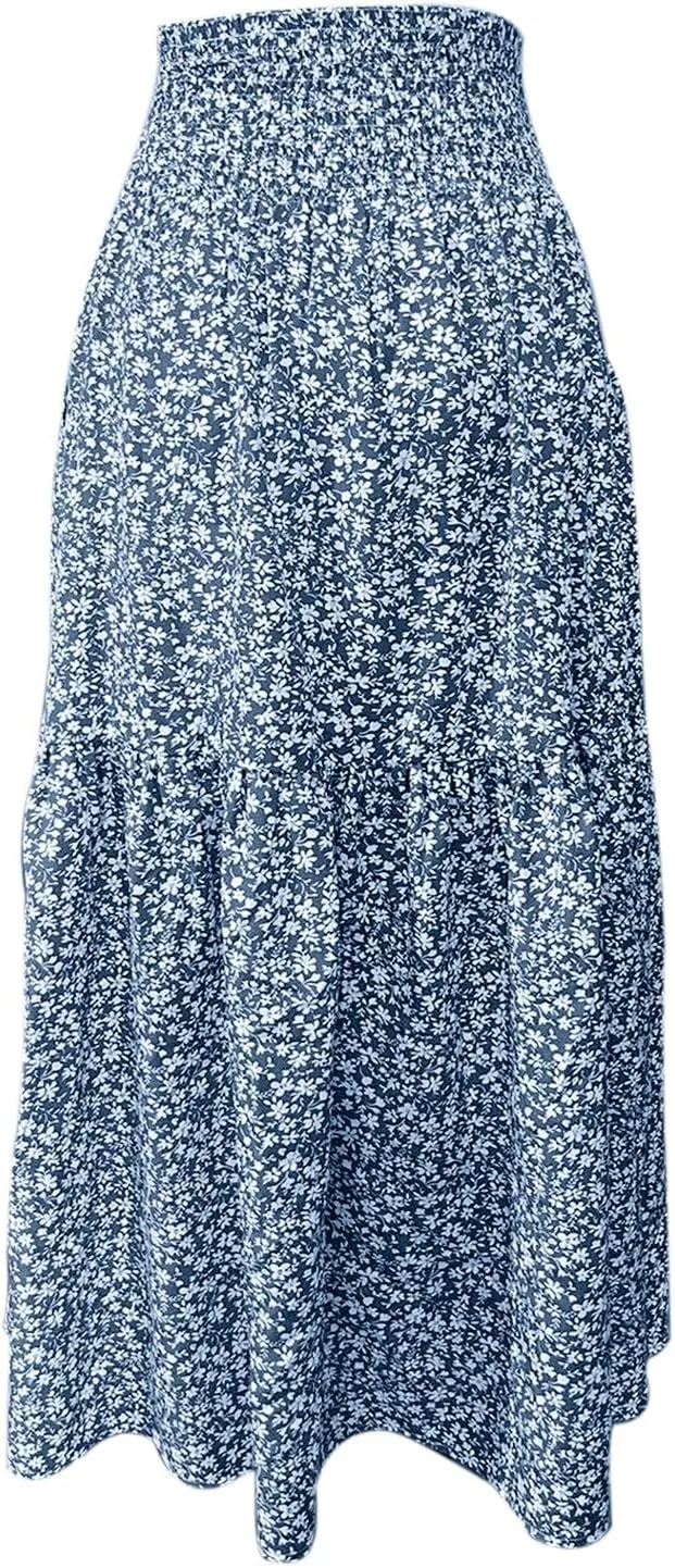 Women Casual Floral Print Boho Maxi Skirt Elastic High Waist Tiered Pleated Flowy Long Summer Beach