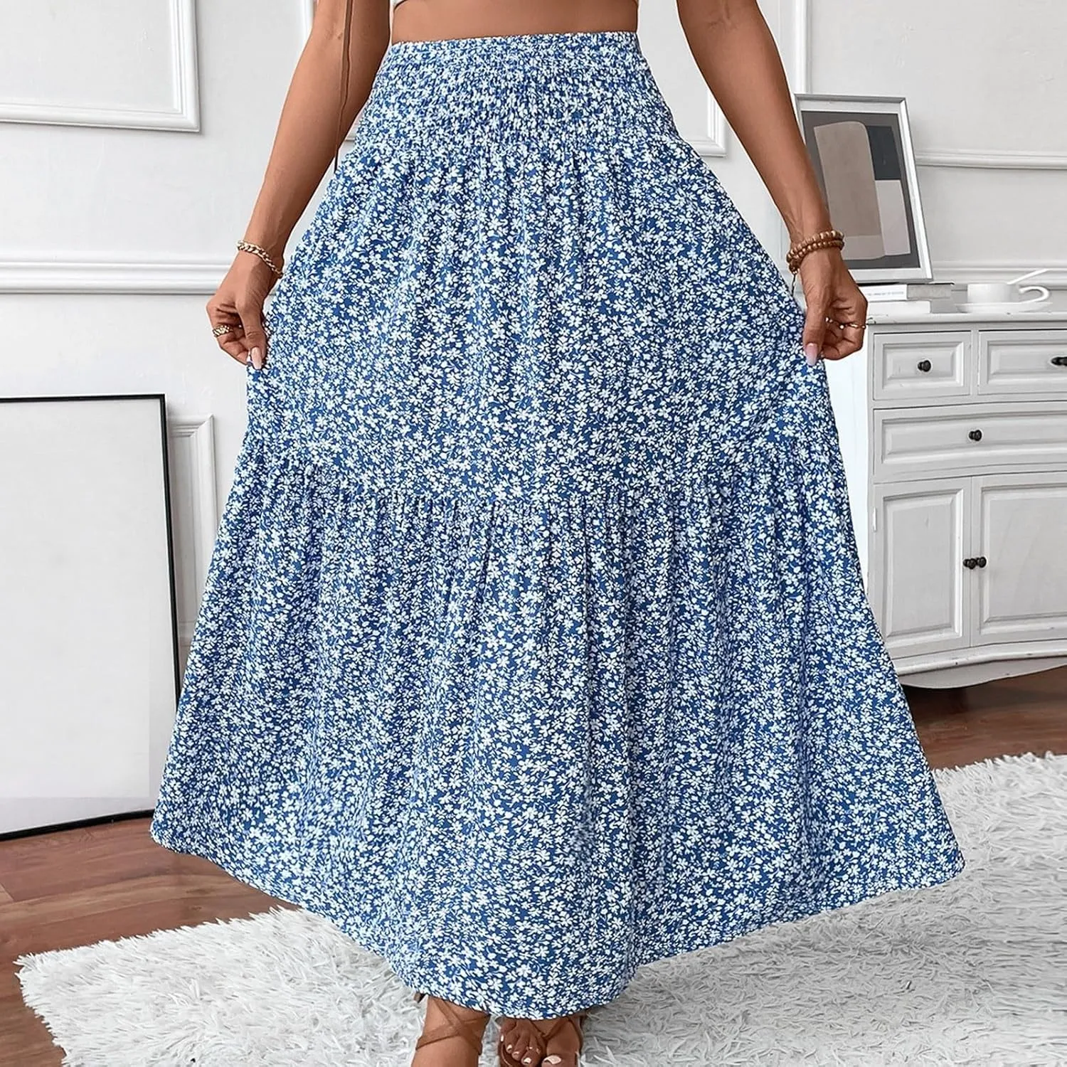 Women Casual Floral Print Boho Maxi Skirt Elastic High Waist Tiered Pleated Flowy Long Summer Beach