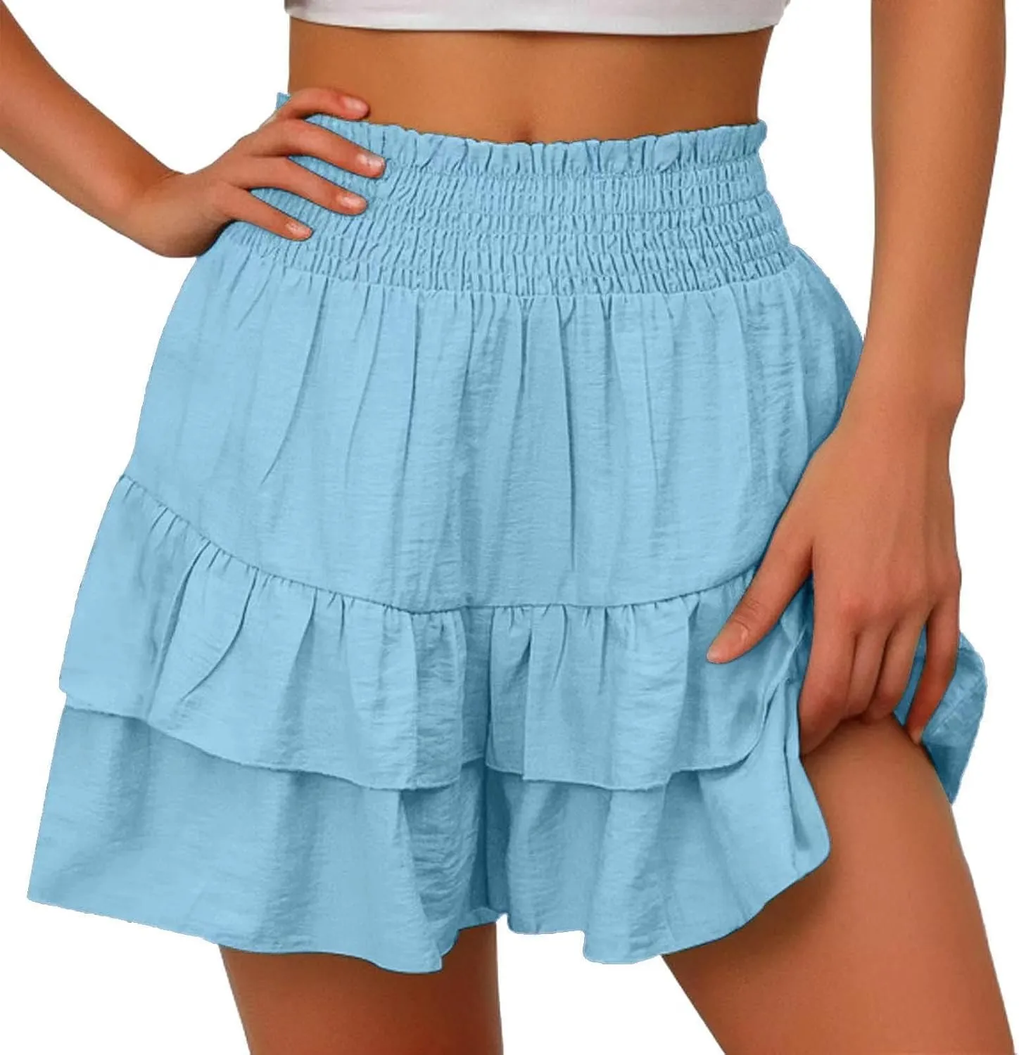 Women Casual Ruffle Shorts High Rise Bermuda Short Pant Trendy Flowy Shorts Summer Holiday Beach Pleated Mini Skirt