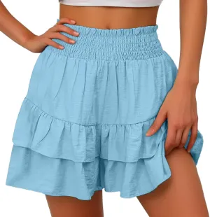Women Casual Ruffle Shorts High Rise Bermuda Short Pant Trendy Flowy Shorts Summer Holiday Beach Pleated Mini Skirt