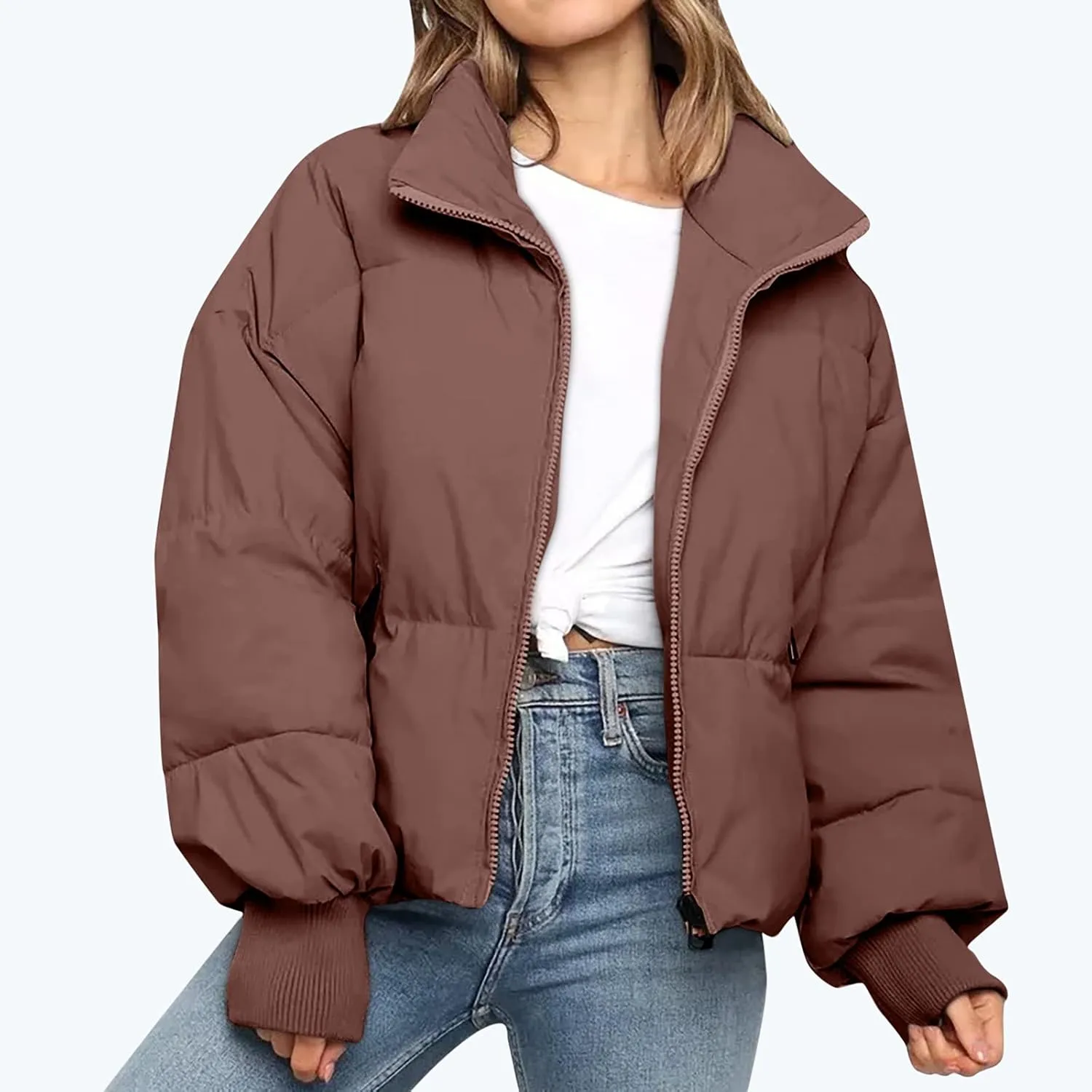 Women Cropped Puffer Jacket Winter Zip Up Short Padded Down Coat Long Sleeve Casual Quilted Baggy Short Padded Jacket