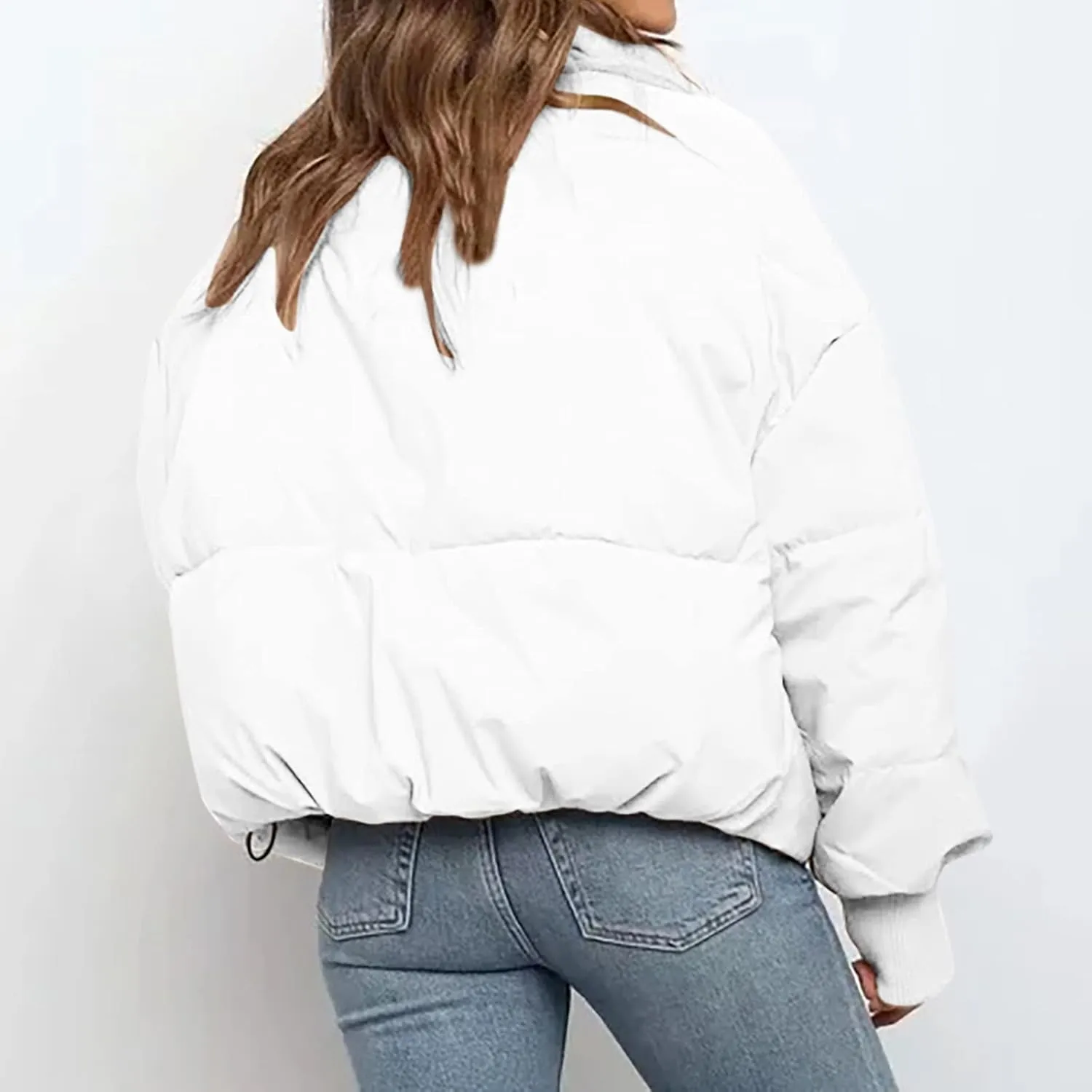 Women Cropped Puffer Jacket Winter Zip Up Short Padded Down Coat Long Sleeve Casual Quilted Baggy Short Padded Jacket