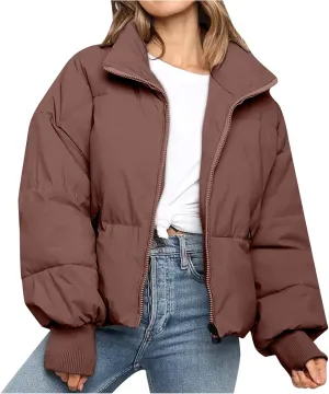 Women Cropped Puffer Jacket Winter Zip Up Short Padded Down Coat Long Sleeve Casual Quilted Baggy Short Padded Jacket