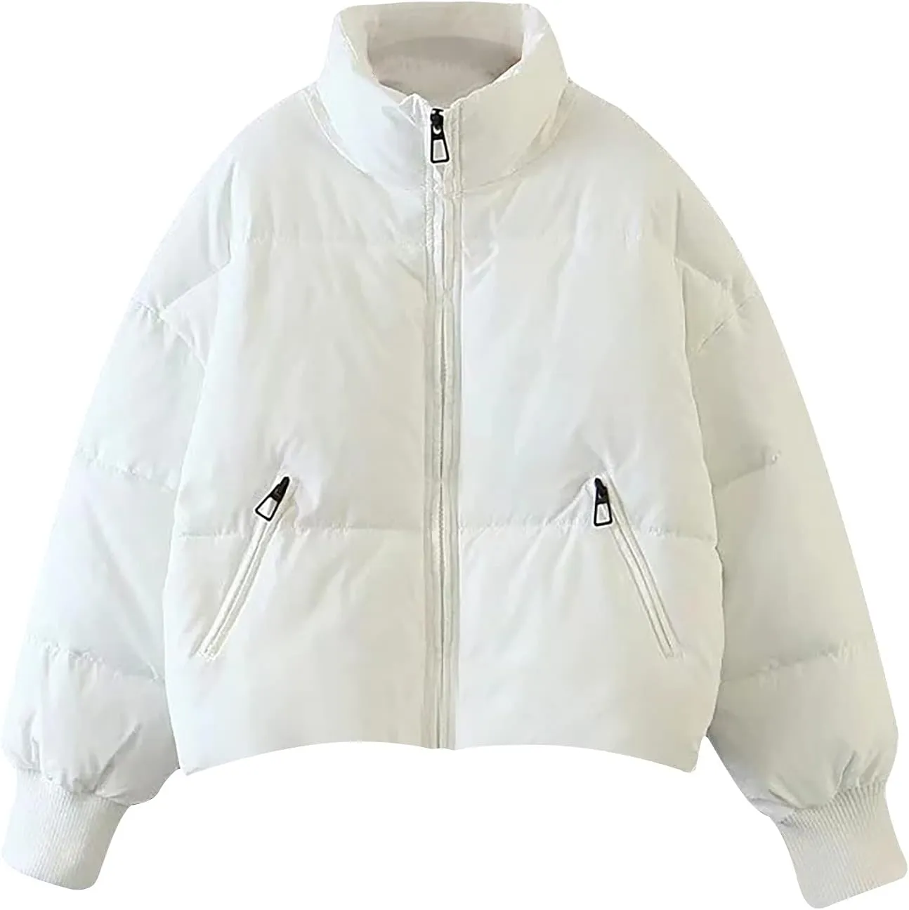 Women Cropped Puffer Jacket Winter Zip Up Short Padded Down Coat Long Sleeve Casual Quilted Baggy Short Padded Jacket