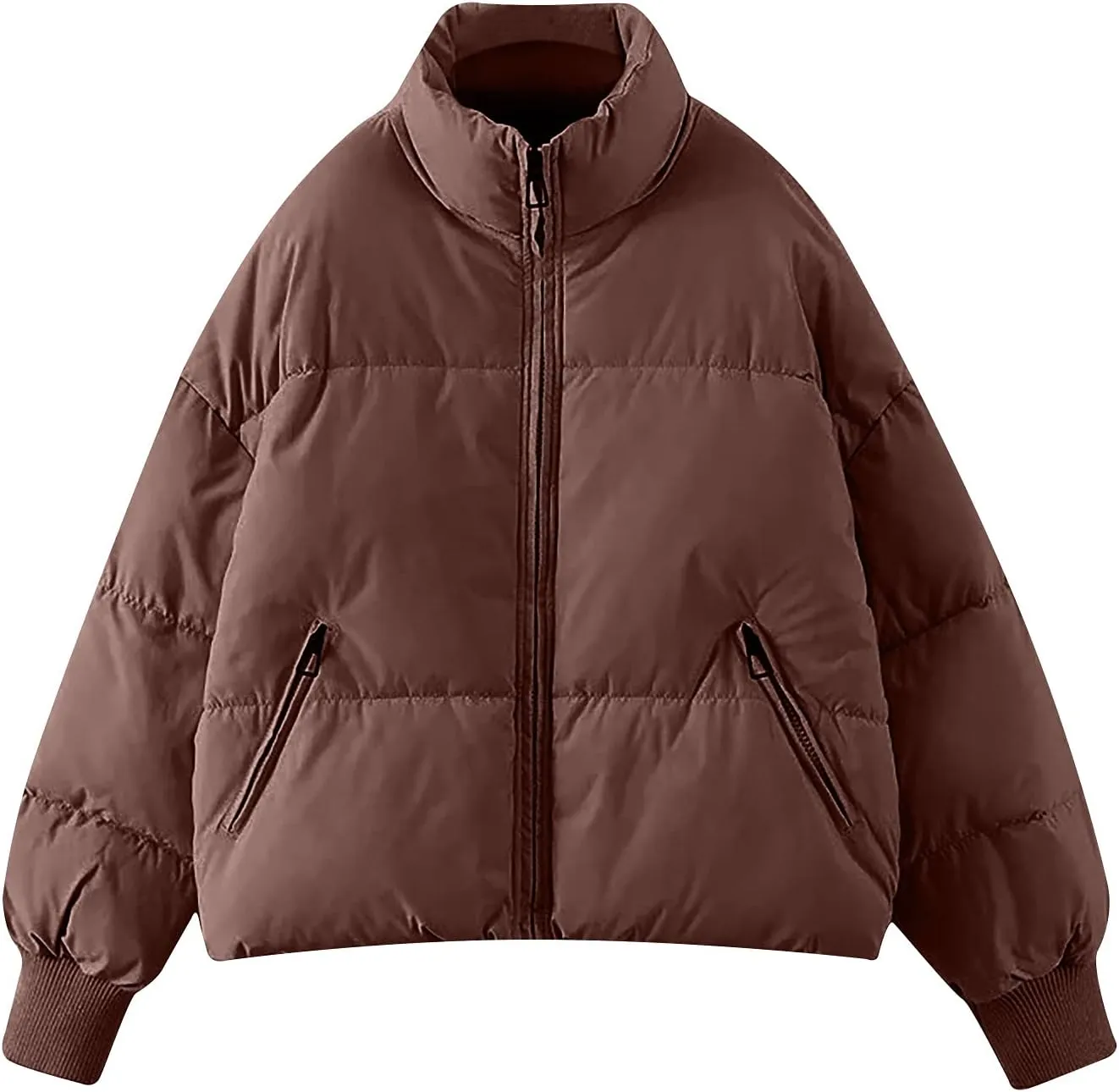 Women Cropped Puffer Jacket Winter Zip Up Short Padded Down Coat Long Sleeve Casual Quilted Baggy Short Padded Jacket